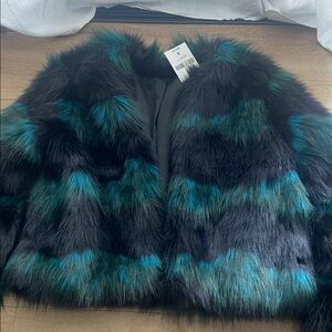 Faux Fur Jacket - Black and Teal